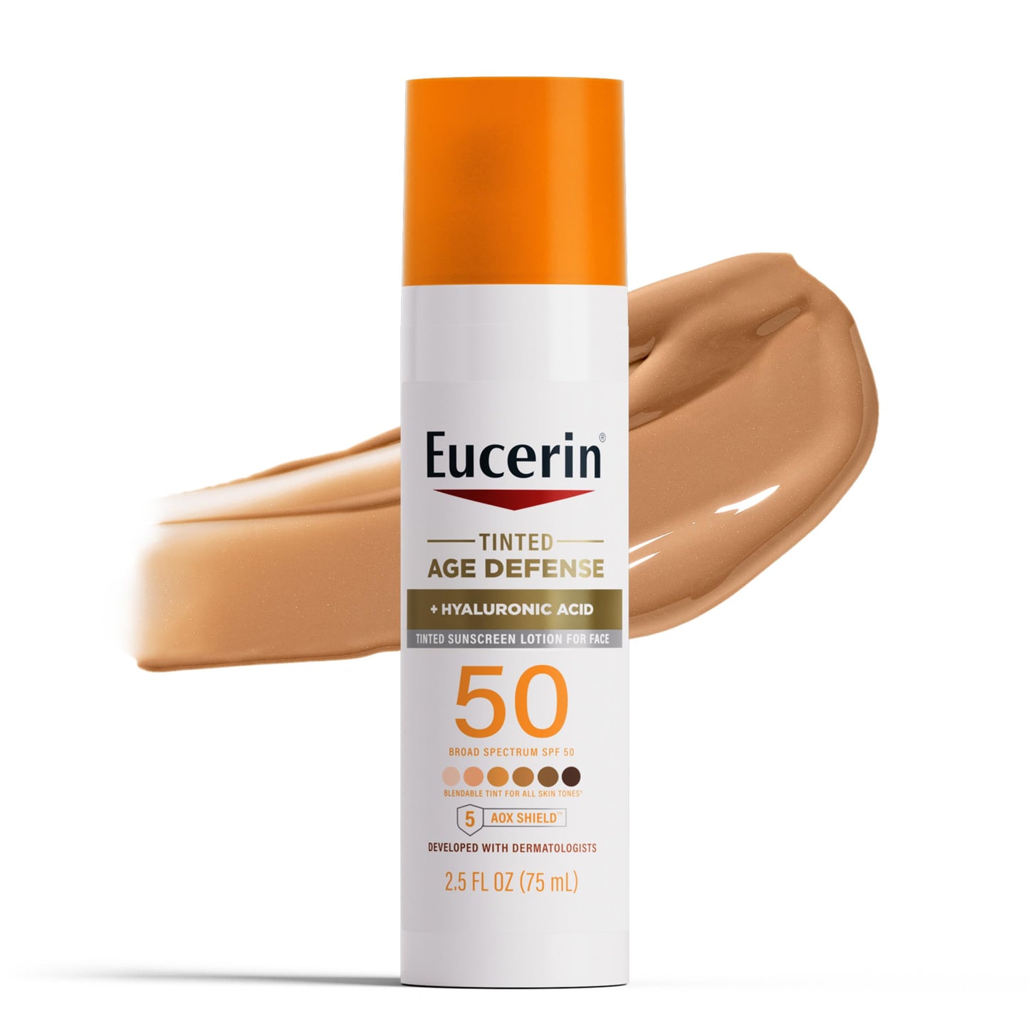 Eucerin Sun Tinted Age Defense Face Sunscreen SPF 50 with Hyaluronic Acid – Blendable Tint for All Skin Tones, Non-Comedogenic, 2.5 fl oz