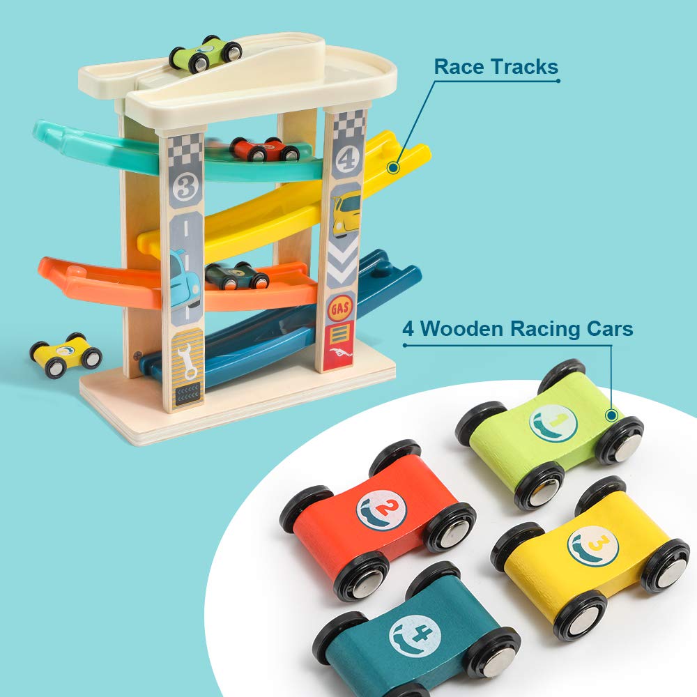 TOP Bright Wooden Toddler Race Track & Car Ramp Toys for 1-2 Year Olds with 4 Mini Cars and Garage – Motor Skills Playset