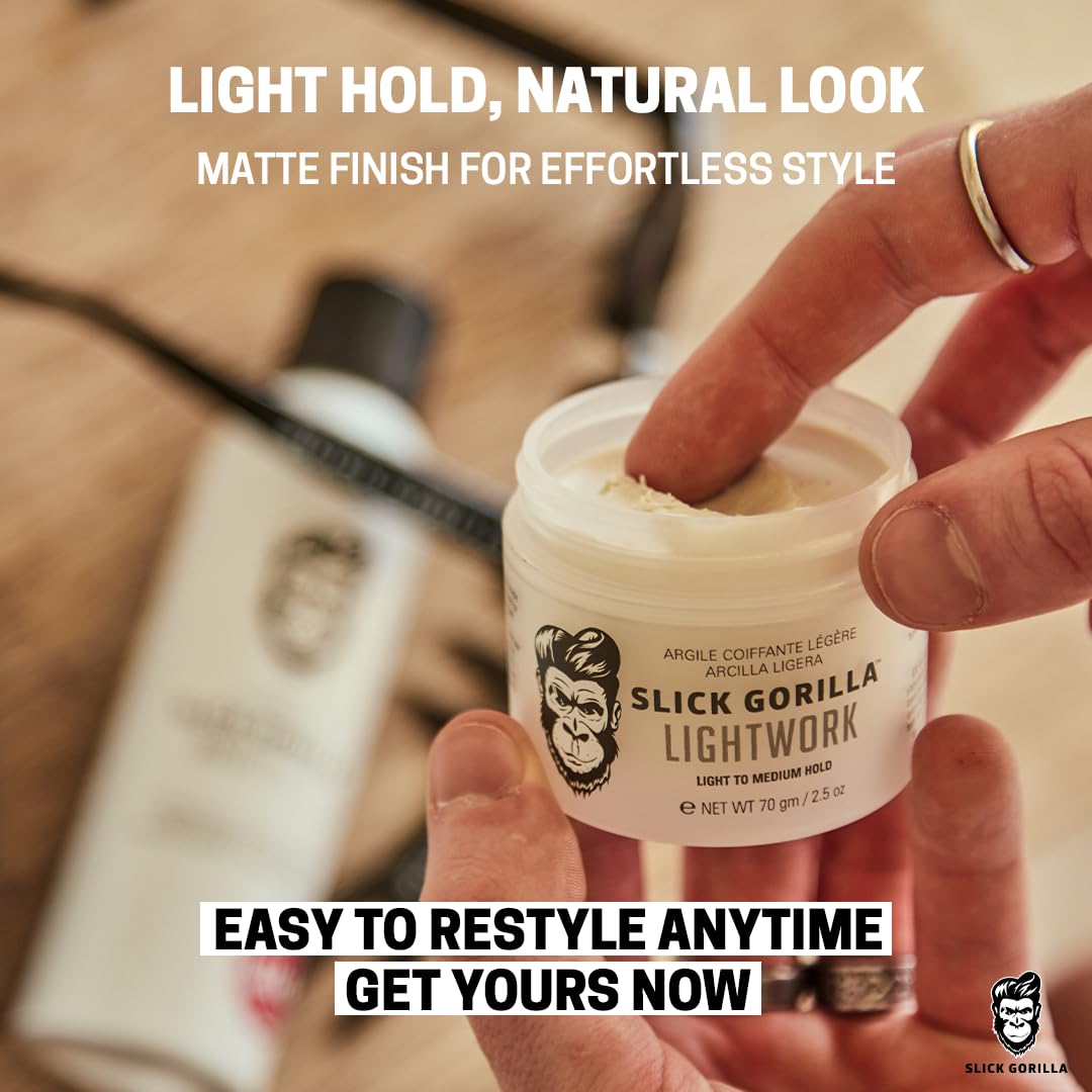 Slick Gorilla Lightwork Matte Hair Clay for Men 2.5 oz | Lightweight Water-Based Styling Clay | Flexible Hold, Natural Texture & Non-Greasy Matte Finish