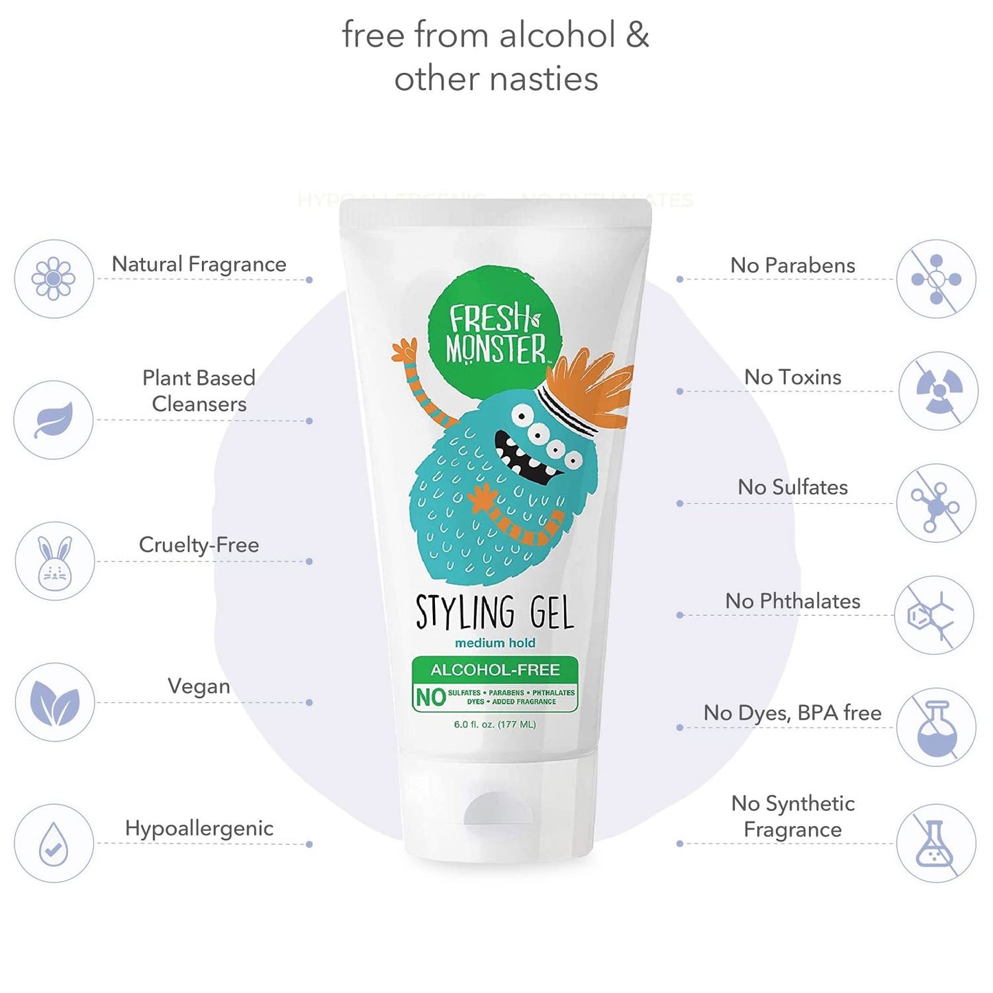 Fresh Monster Kids Hair Styling Gel, Medium Hold Alcohol-Free, Natural Hair Gel for Kids & Toddlers (6oz.)