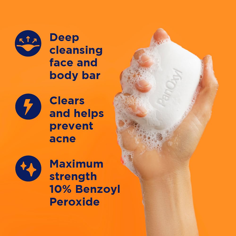 PanOxyl 10% Benzoyl Peroxide Acne Treatment Bar – Maximum Strength Face & Body Wash for Pimples, Blackheads & Whiteheads, 4 oz, Vegan