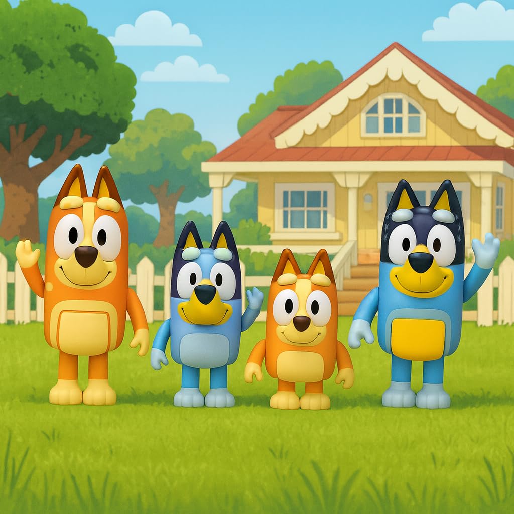 Bluey Family Figure Pack of 4, Robust Poseable Character Toys with Bingo, Chilli, and Bandit Figures, Toddler-Sized Animal Figurines for Kids Ages 3+