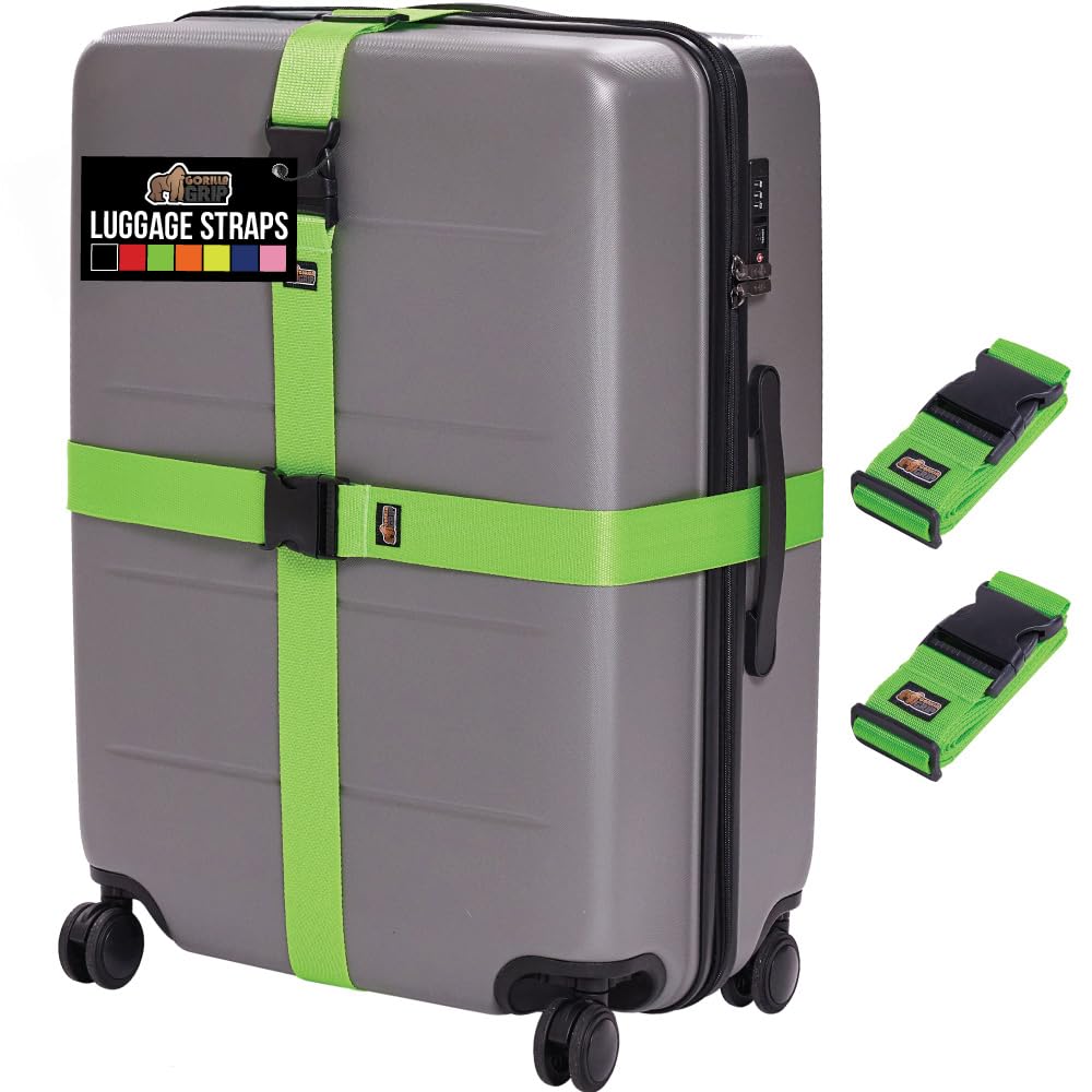 GORILLA GRIP Heavy Duty Luggage Straps – 2 Pack Adjustable Travel Belts to Secure Suitcases, Connect Bags & Extend Luggage Life (Green)