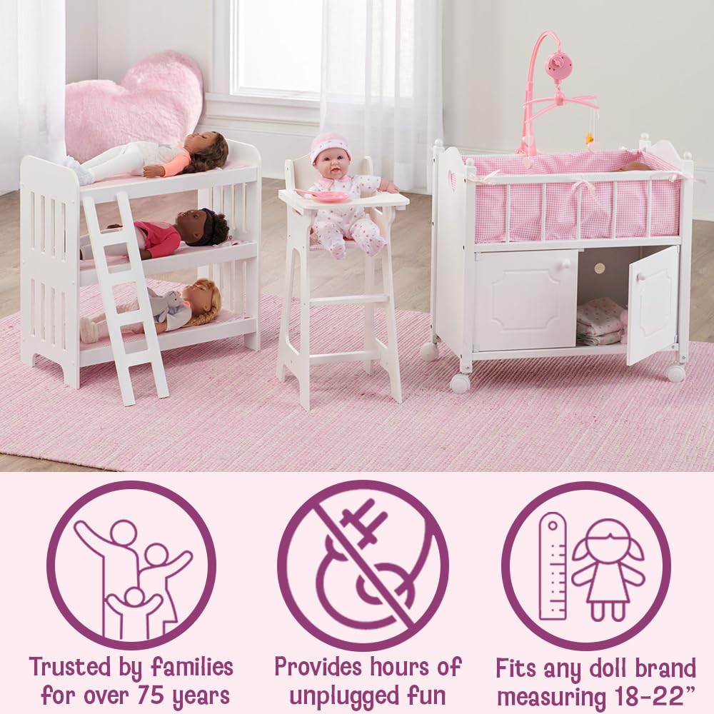 Badger Basket Doll Crib Set with Bedding, Mobile, Storage Baskets & Personalization Kit – For Dolls Up to 22" – White/Pink