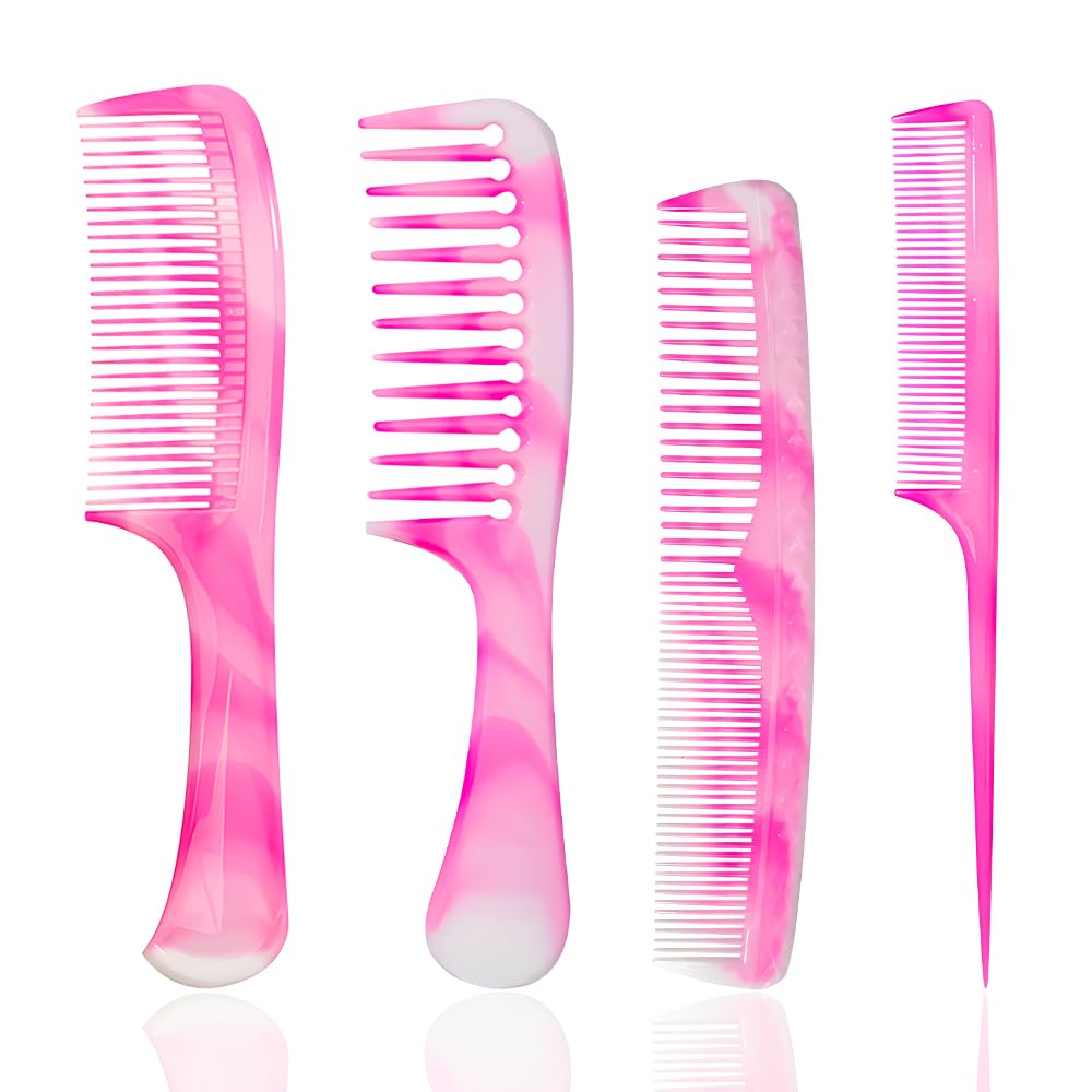 FHALLYNN Pink Hair Comb Set - Wide Tooth, Fine Tooth, Rat Tail, and Dual Comb for Women and Men