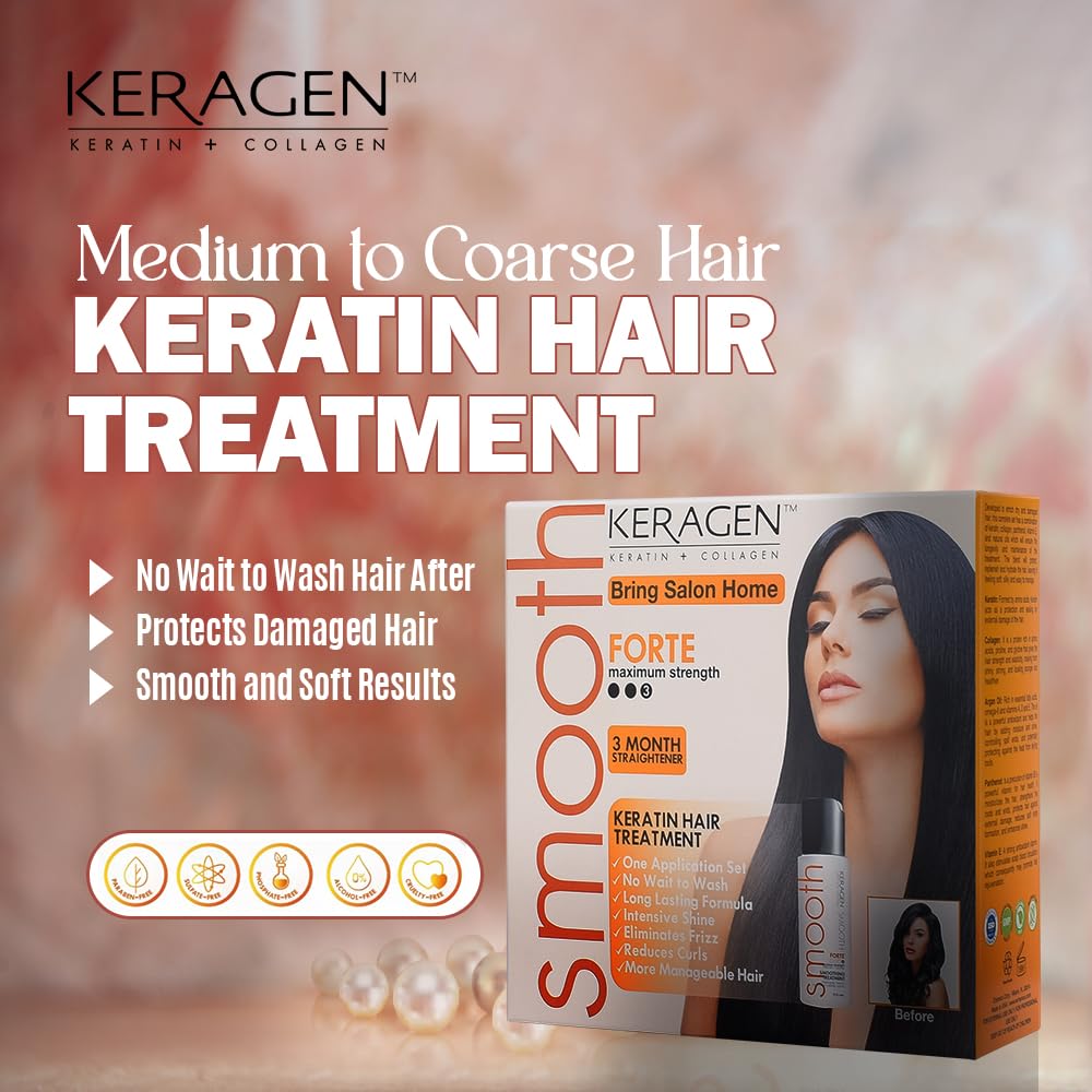 Keragen Brazilian Keratin Hair Smoothing Express Home Blowout Kit – Straightens & Smooths Frizz – Includes 2 Oz Forte Treatment, Clarifying Shampoo & Aftercare Samples