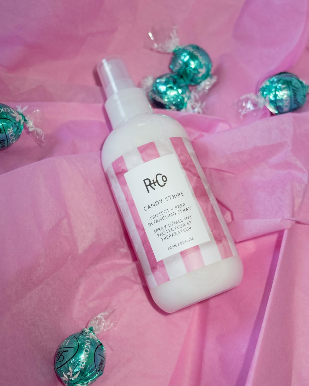 R+Co Candy Stripe Protect + Prep Detangling Spray