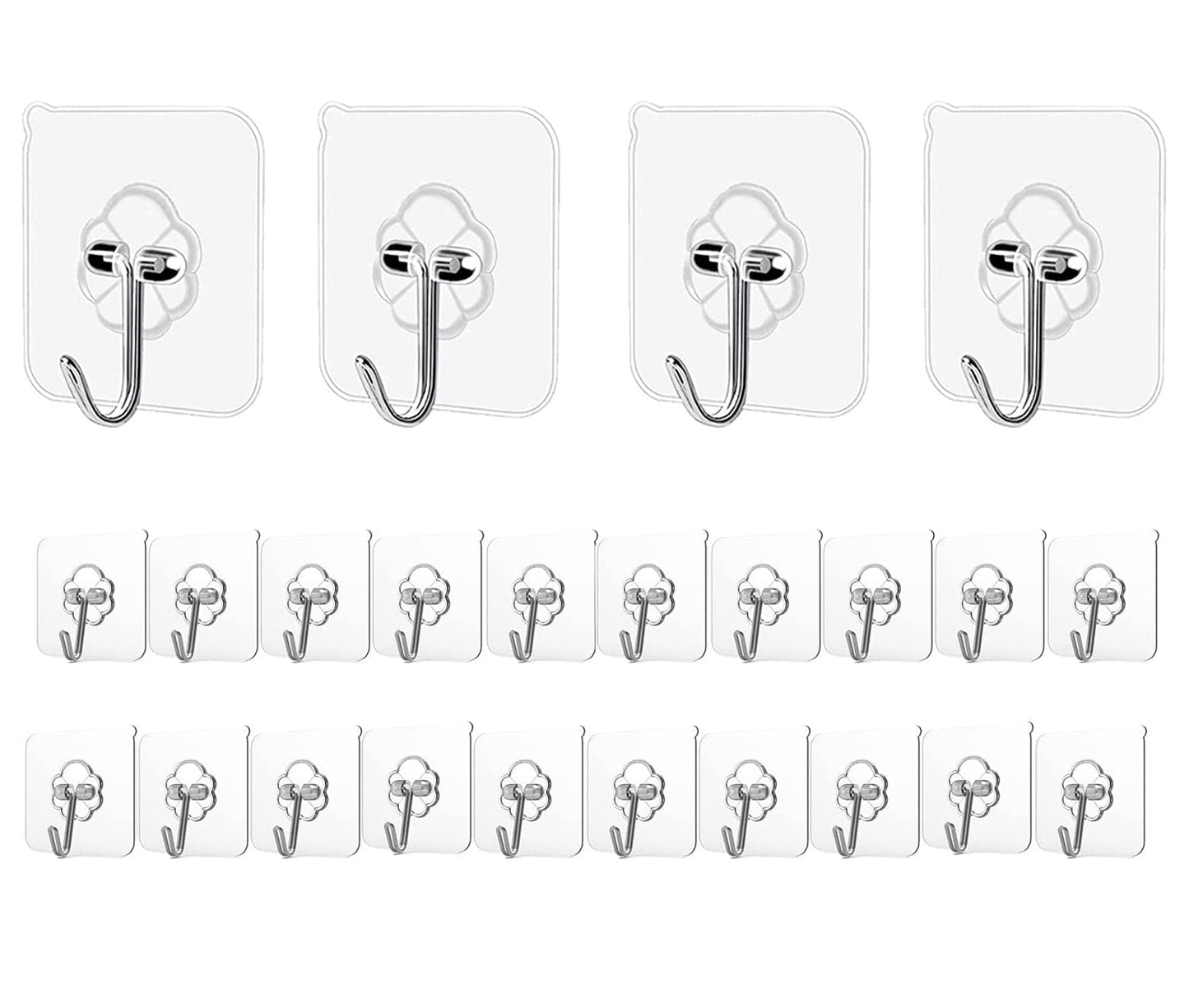 Adhesive Kitchen Wall Hooks, 24-Pack Heavy Duty 24lb Max, Transparent Waterproof Nail-Free Stainless Hangers for Keys, Bathroom, Outdoor & Home