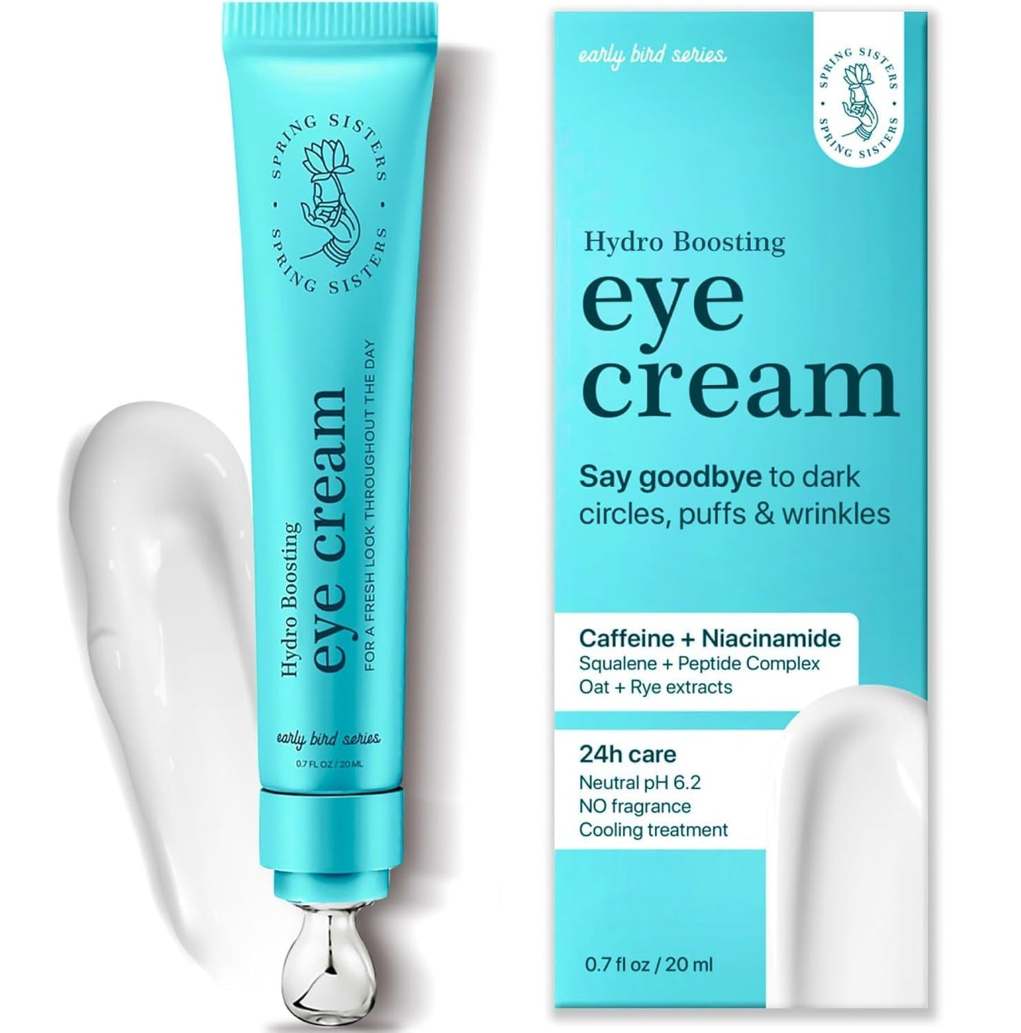 Under Eye Cream for Dark Circles & Puffiness, Caffeine + Niacinamide, Squalane & Peptides, Korean Anti-Aging, Zinc Roller