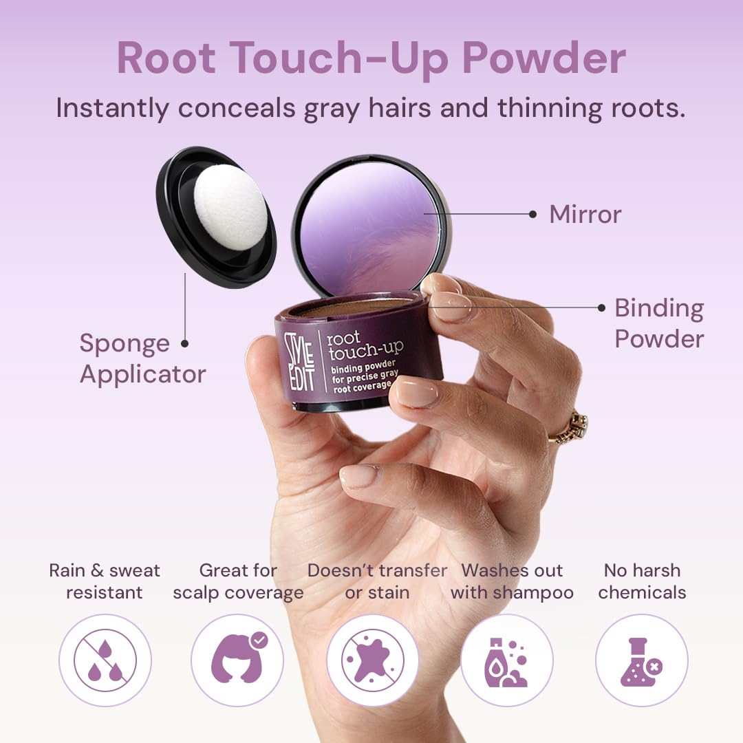 Root Touch Up Powder by Style Edit | Medium Brown Hair Color Coverage for Grays and Roots | Mineral-Infused Binding Hairline Concealer | 0.13 oz. Tub