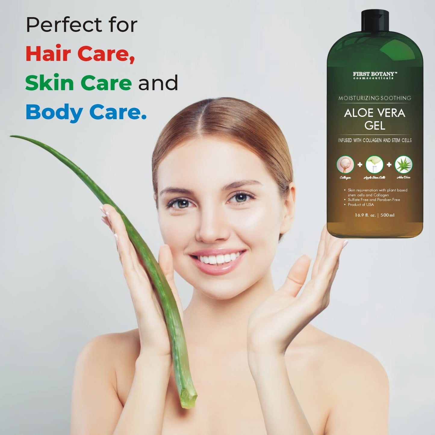 First Botany Pure Aloe Vera Gel 100% with Stem Cells, Collagen & Tea Tree Oil – Natural Moisturizer for Face, Body, Hair, Sunburn & Acne, 16.9 fl oz