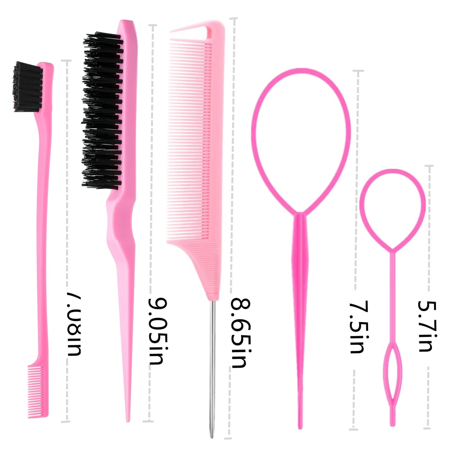 ZVOREI 8Pcs Hair Brush Set with Topsy Tail Tools & Edge Control Brush – Teasing, Styling & Back Brushing Kit for Women & Girls, Pink