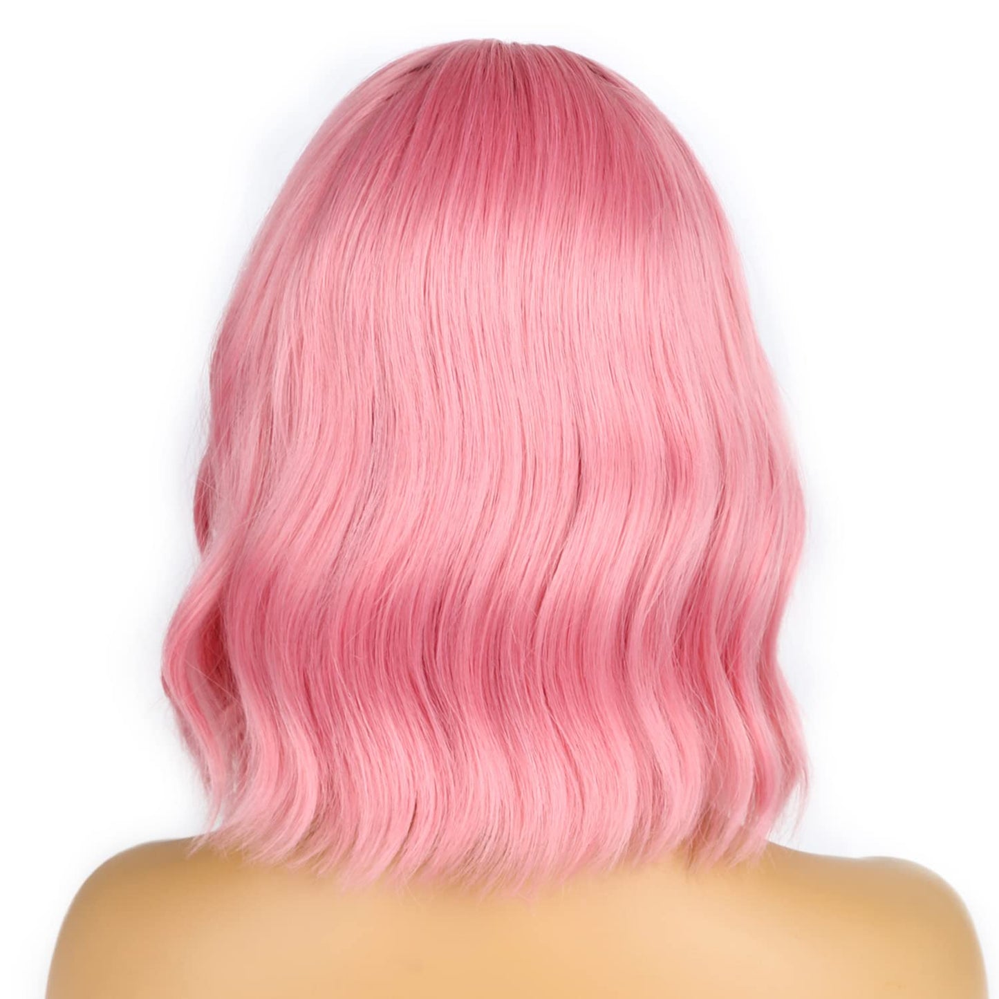 LANCAINI Pastel Pink Bob Wig with Bangs for Women – Wavy Shoulder-Length Synthetic Cosplay Wig, Soft Loose Waves, Colorful Costume Hair