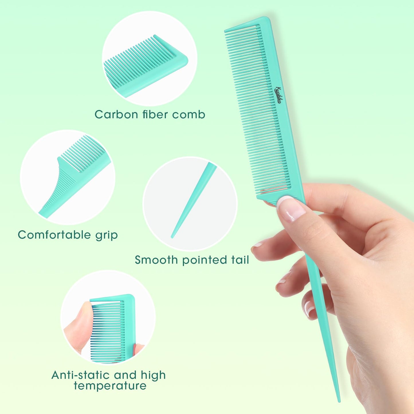 2Pcs Rat Tail Comb Parting Combs for Women, Fine Tooth Parting Tip Carbon Fiber Root Teasing Anti Static Hair Comb for Styling (Green,Black)