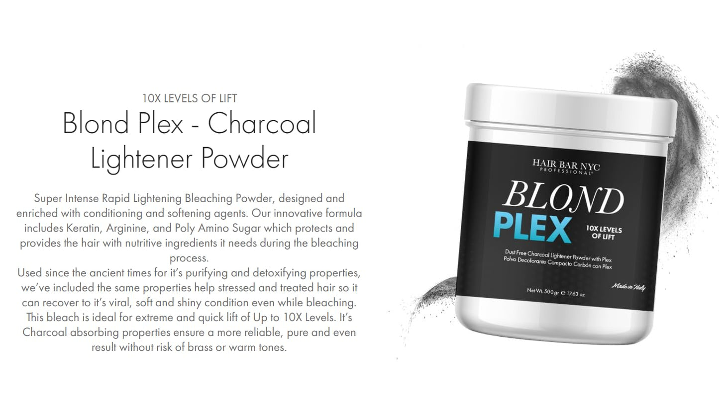 Blond Plex Extreme Lifting 10X Levels - Black/Charcoal Dust Free Lightener Powder Cool-Toned & Bright Finish - Made in Italy 500g / 17.63oz