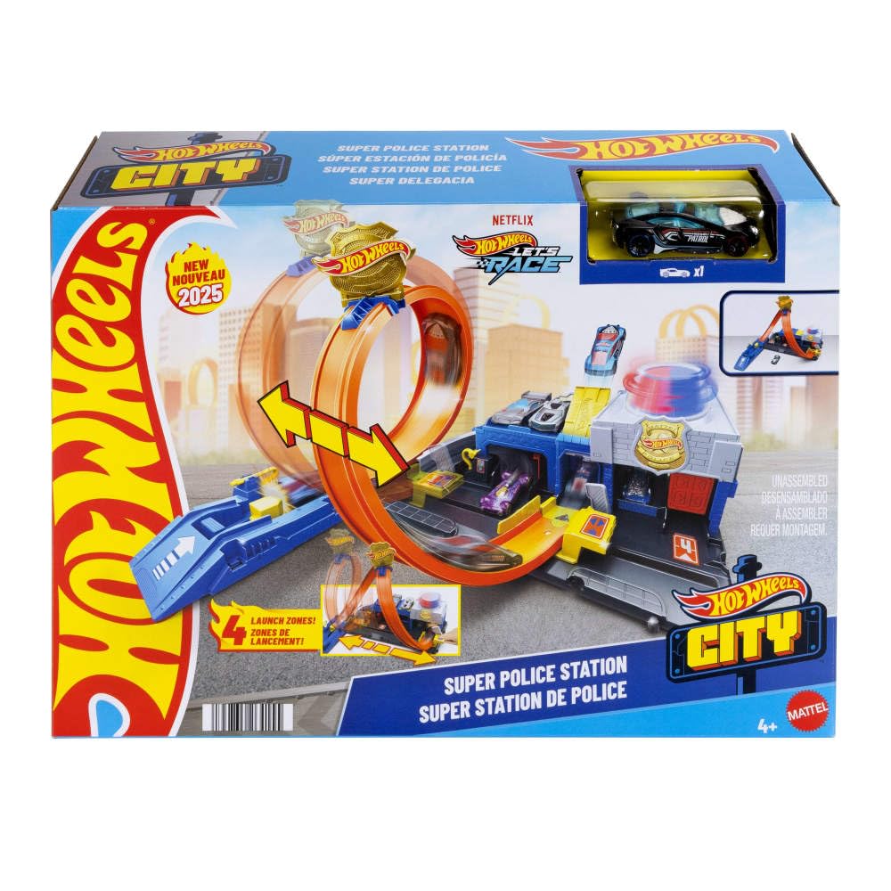 Hot Wheels Toy Car Track Set, Super Police Station Playset with 1:64 Scale Die-Cast Vehicle, Adjustable Loop for Multiple Ways to Race & Stunt