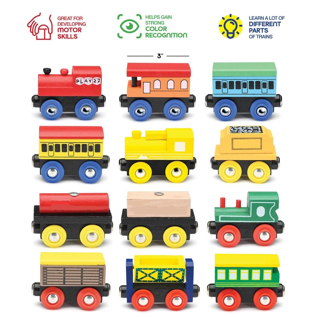 Play22 Wooden Train Set 12 PCS - Magnetic Train Toys with 3 Engines, Compatible with All Major Brands for Toddlers & Kids