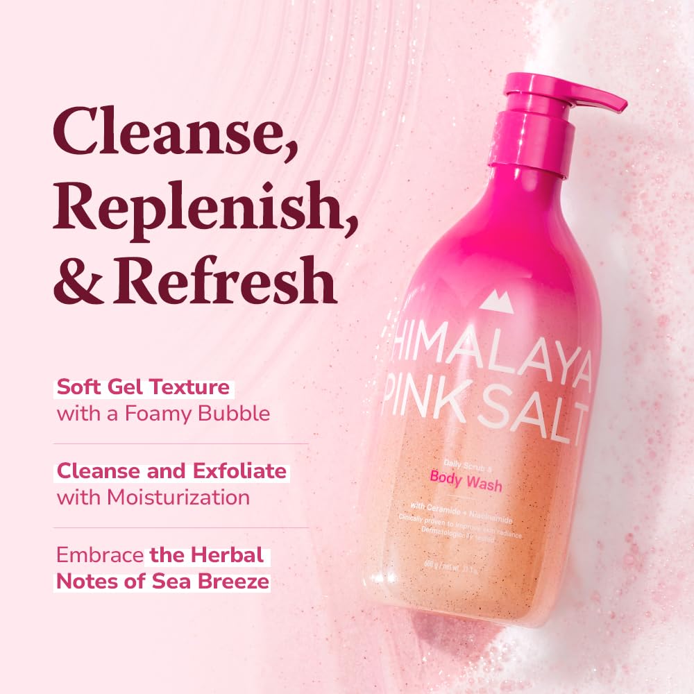 HIMALAYA Pink Salt Daily Scrub & Body Wash โ Exfoliating Dead Sea & Himalayan Salt, Retinol & Hyaluronic Acid Moisturizing Shower Gel, 21.1oz