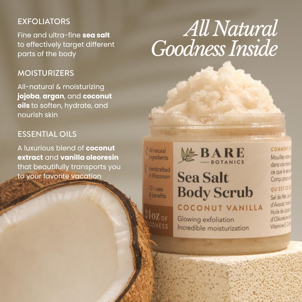Bare Botanics Coconut Vanilla Body Scrub 24oz – All Natural Sea Salt Exfoliator, Vegan, Cruelty-Free, Moisturizing, Gift-Ready w/ Wooden Spoon