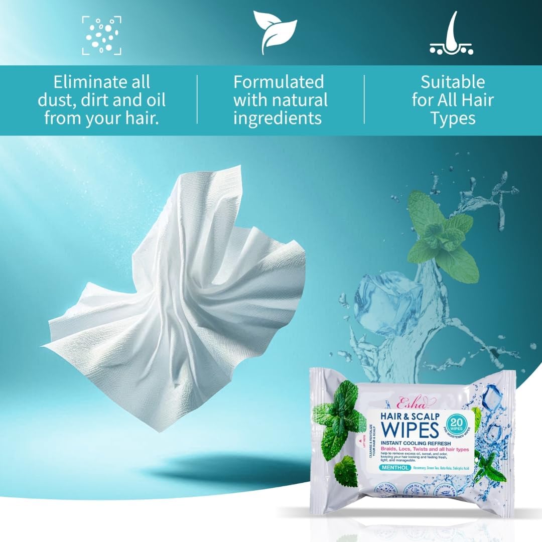 ESHA Hair & Scalp Wipes: Instant Cooling Refresh for Braids, Locs, Twists & All Hair Types - Stay Cool, Stylish, and Confident
