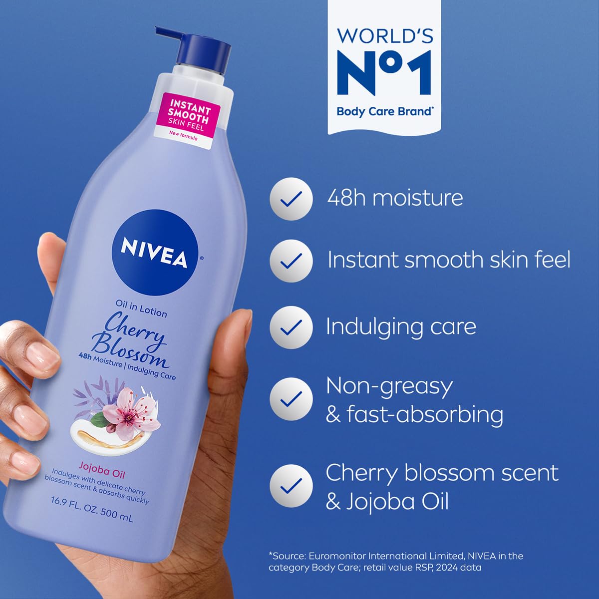 NIVEA Cherry Blossom & Jojoba Oil Body Lotion for Women, Fast-Absorbing, Non-Greasy, 48H Moisture, 16.9 Fl Oz Pump Bottle