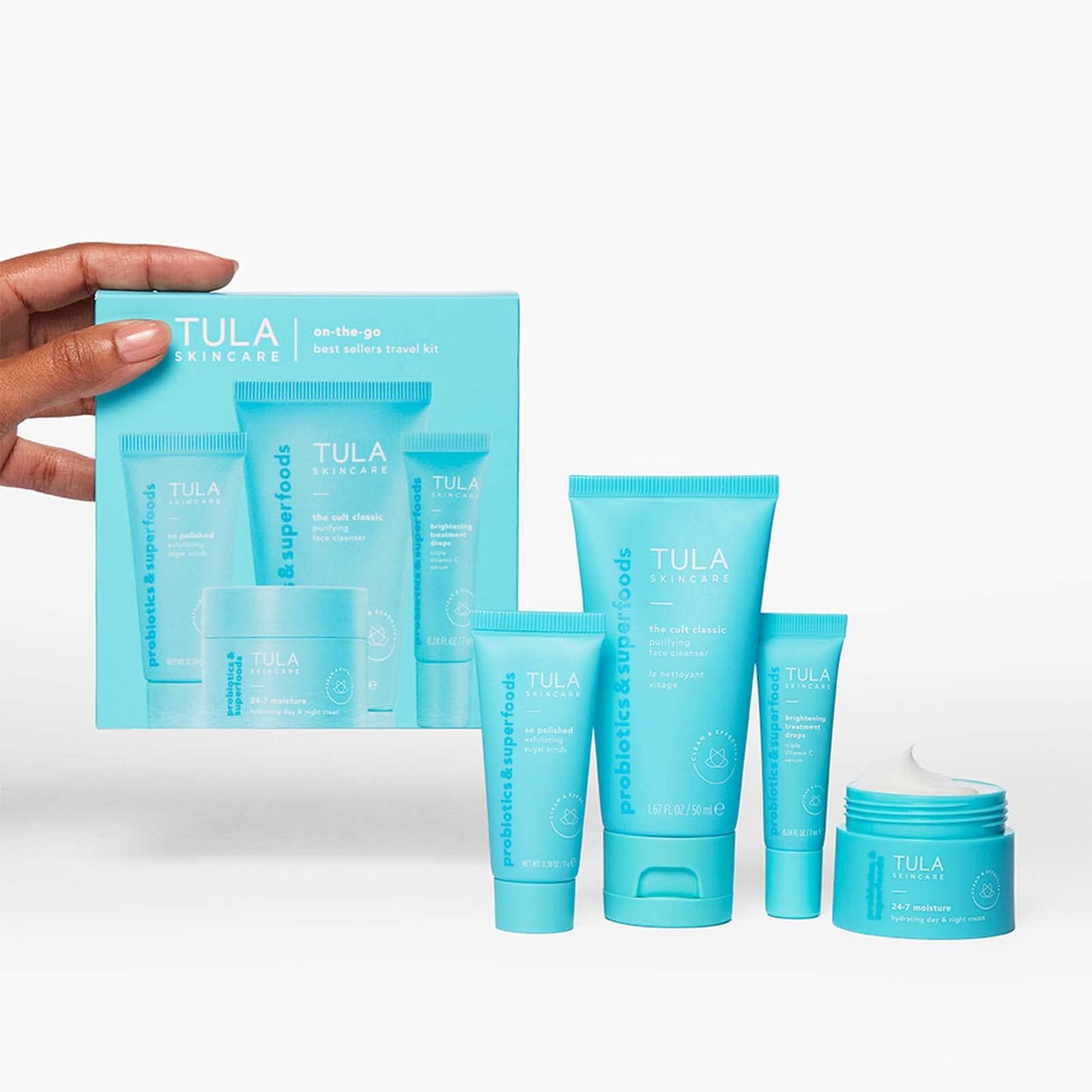 TULA Skin Care On-the-Go Travel Kit – Cleanser, Day & Night Moisturizer, Sugar Scrub & Vitamin C Serum for Radiant, Glowing Skin, 1 ct