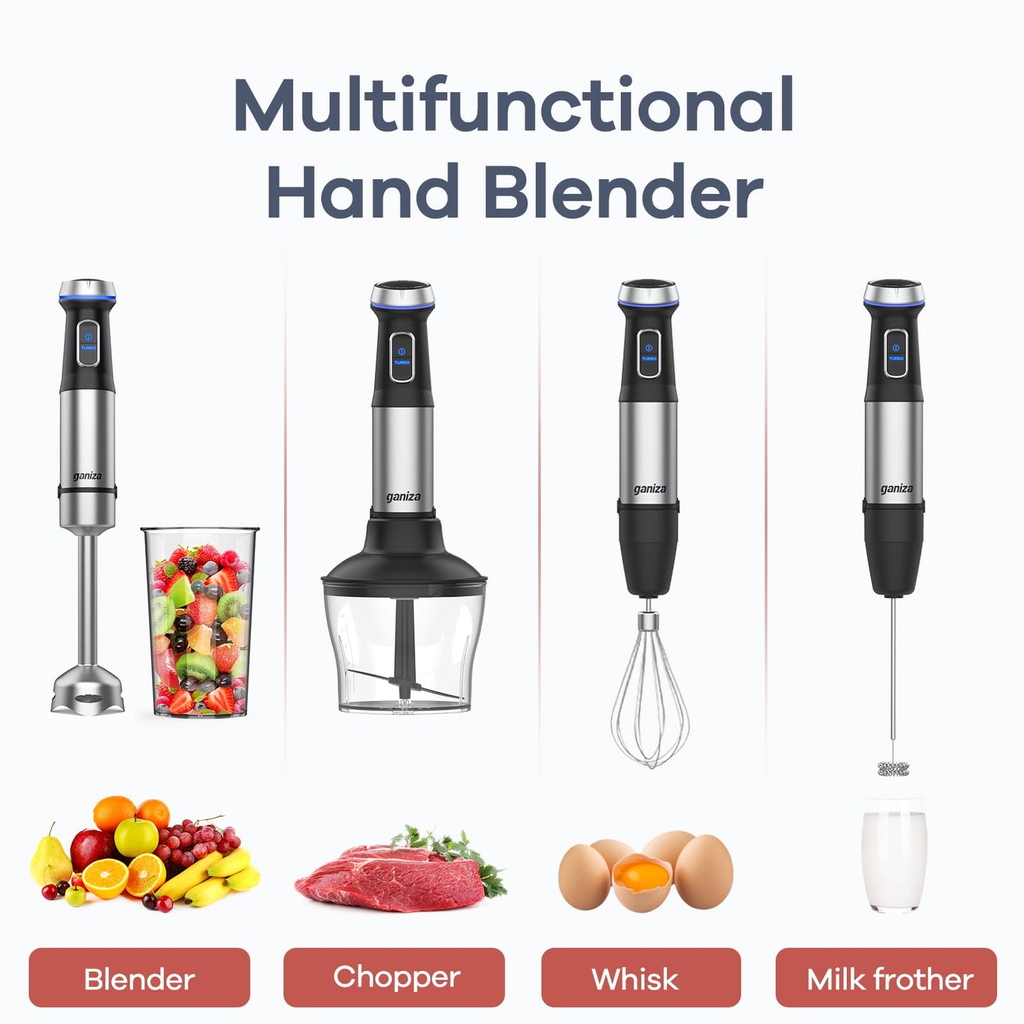 Ganiza 5-in-1 Immersion Hand Blender – 1000W, 16-Speed, Stainless Steel Blade with 800ml Beaker, 600ml Chopper, Whisk & Milk Frother