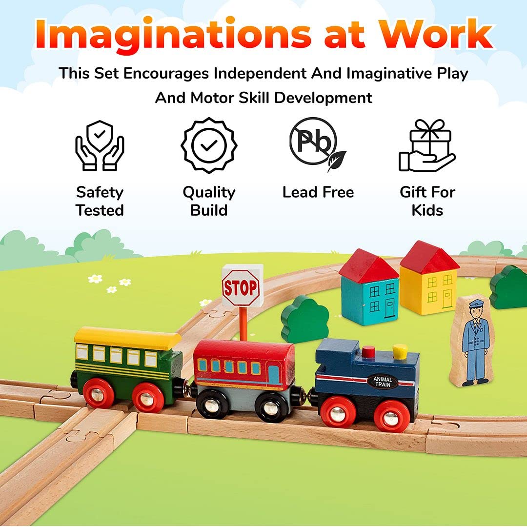 On Track USA 35-Piece Wooden Train Set with Magnetic Trains, Tracks & Accessories in Clear Container, Compatible with Major Brands