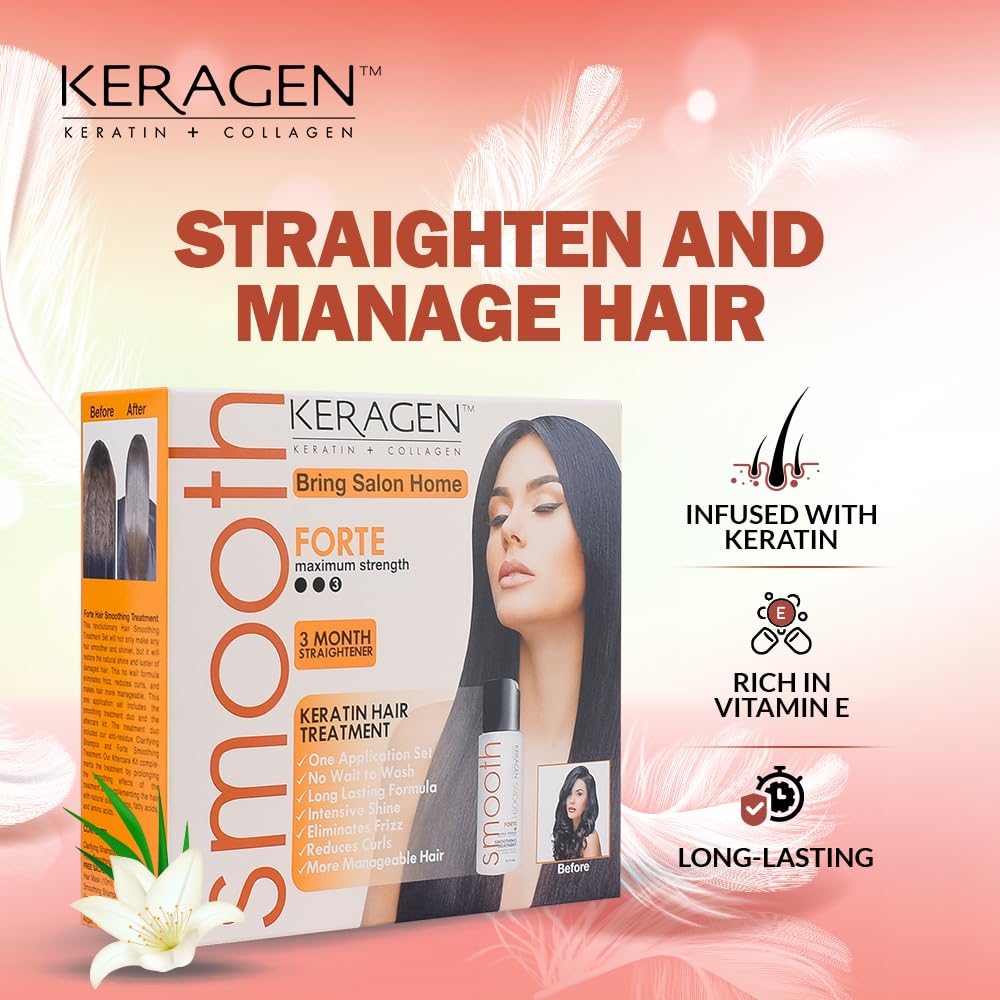 Keragen Brazilian Keratin Hair Smoothing Express Home Blowout Kit – Straightens & Smooths Frizz – Includes 2 Oz Forte Treatment, Clarifying Shampoo & Aftercare Samples