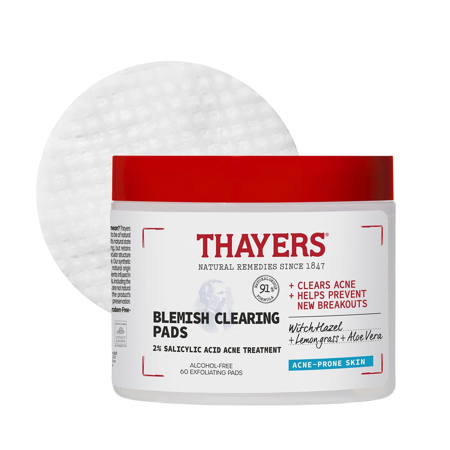 Thayers Blemish Clearing Acne Pads with Salicylic Acid – Exfoliating, Pore-Reducing Witch Hazel Toner, Soothing Skincare, 60 Ct