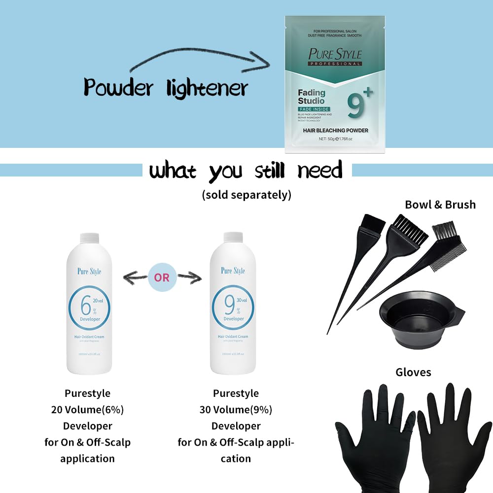 PURESTYLE Ammonia-Free Hair Bleach Powder 50g – Professional Dust-Free Blue Formula, Lifts Up to 9+ Levels, Gentle Quick Lightener for Dark Hair