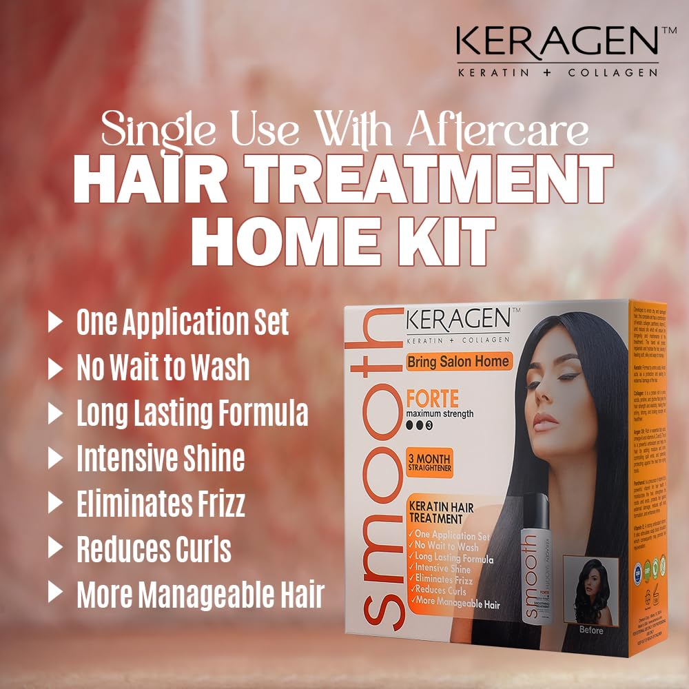 Keragen Brazilian Keratin Hair Smoothing Express Home Blowout Kit – Straightens & Smooths Frizz – Includes 2 Oz Forte Treatment, Clarifying Shampoo & Aftercare Samples