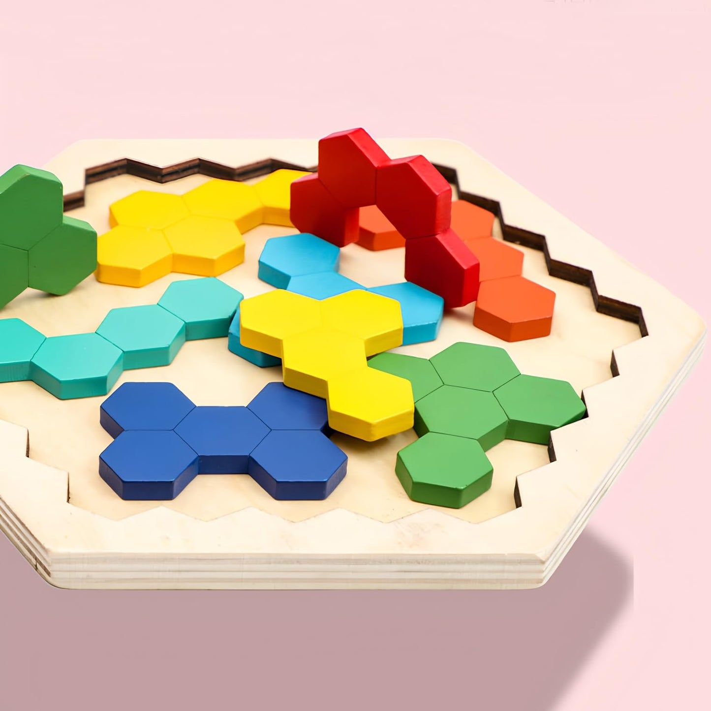 4 Pack Wooden Puzzle Set – Tangram, Hexagon, Russian Blocks & Tic Tac Toe, Brain Teaser Logic Games, Montessori STEM Toys for Kids & Adults