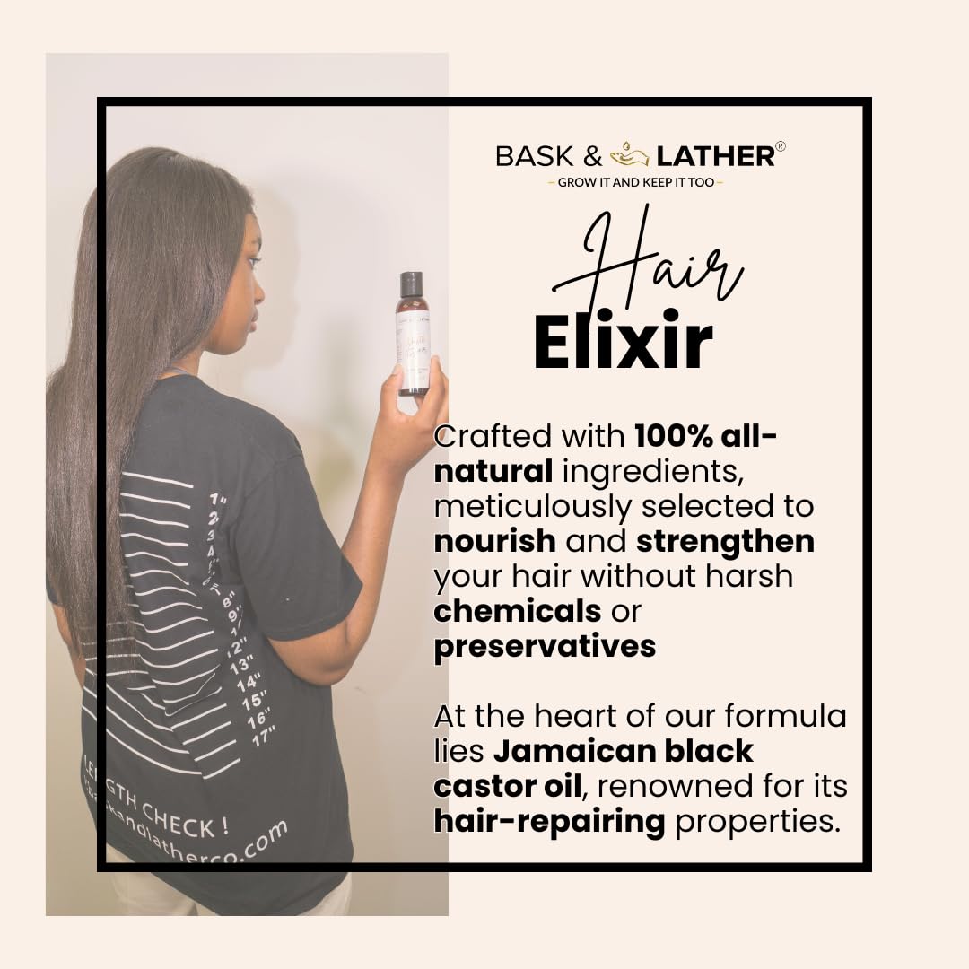 BASK & LATHER Elixir Hair Strengthening Oil, Jamaican Black Castor Oil, For Volume, Thickness, Detangle, De Frizz, Conditions New Hair Growth, 4 fl oz