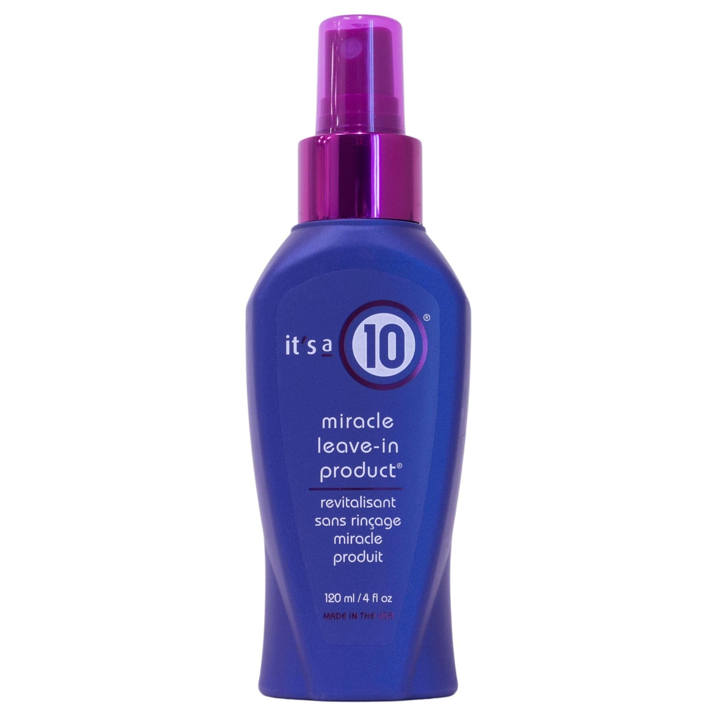 Blue bottle of 'it's a 10' miracle leave-in product with purple spray nozzle on a white background