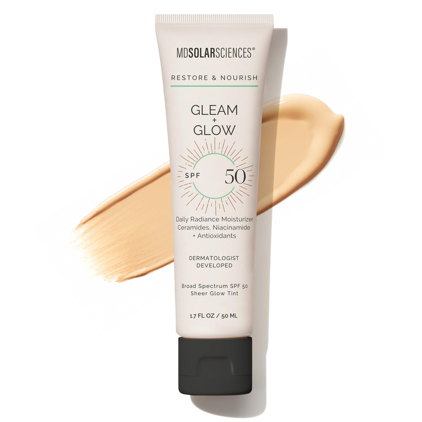 MDSolarSciences Gleam + Glow SPF 50 Tinted Moisturizer – Sheer Glow Sunscreen with Antioxidants, Ceramides & Vitamin C, 1.7 fl oz
