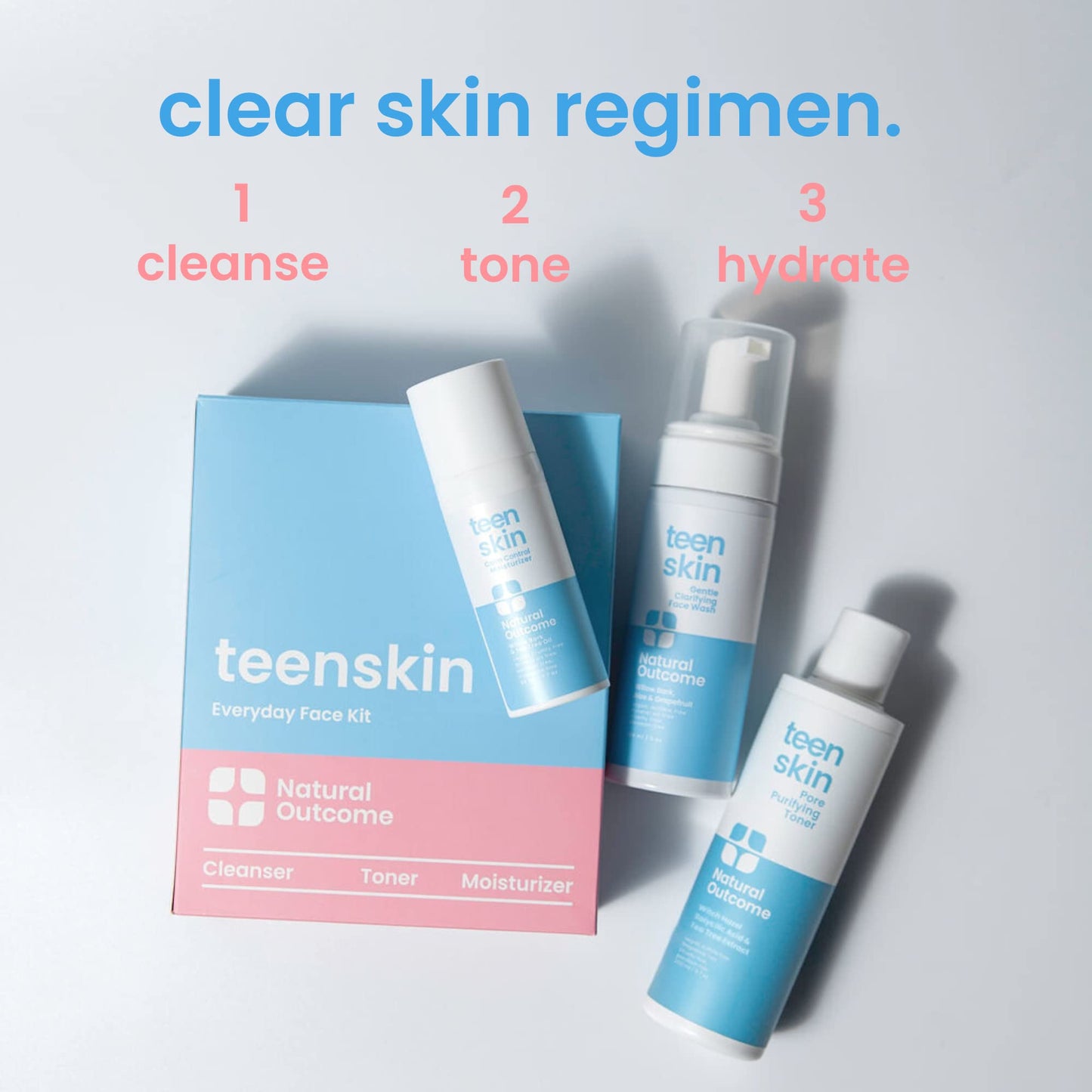 Teen Skin Care Kit 3-Step by Natural Outcome โ Face Wash, Toner & Moisturizer for Acne-Prone Skin, Perfect for Teens & Preteens