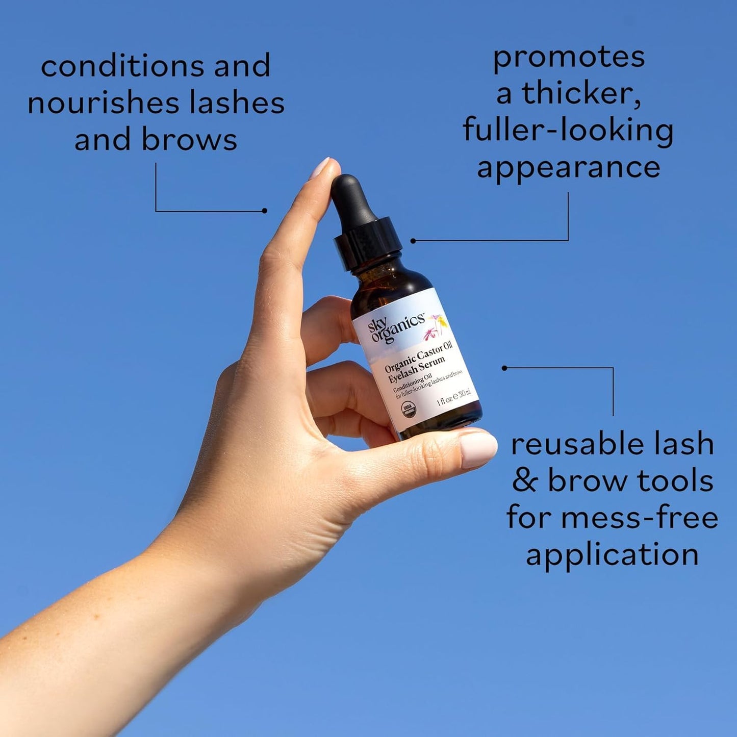 Sky Organics Organic Castor Oil Eyelash & Brow Serum, Hexane-Free, 100% Pure Cold-Pressed, Fuller Lashes & Brows, 1 fl. Oz + eBook