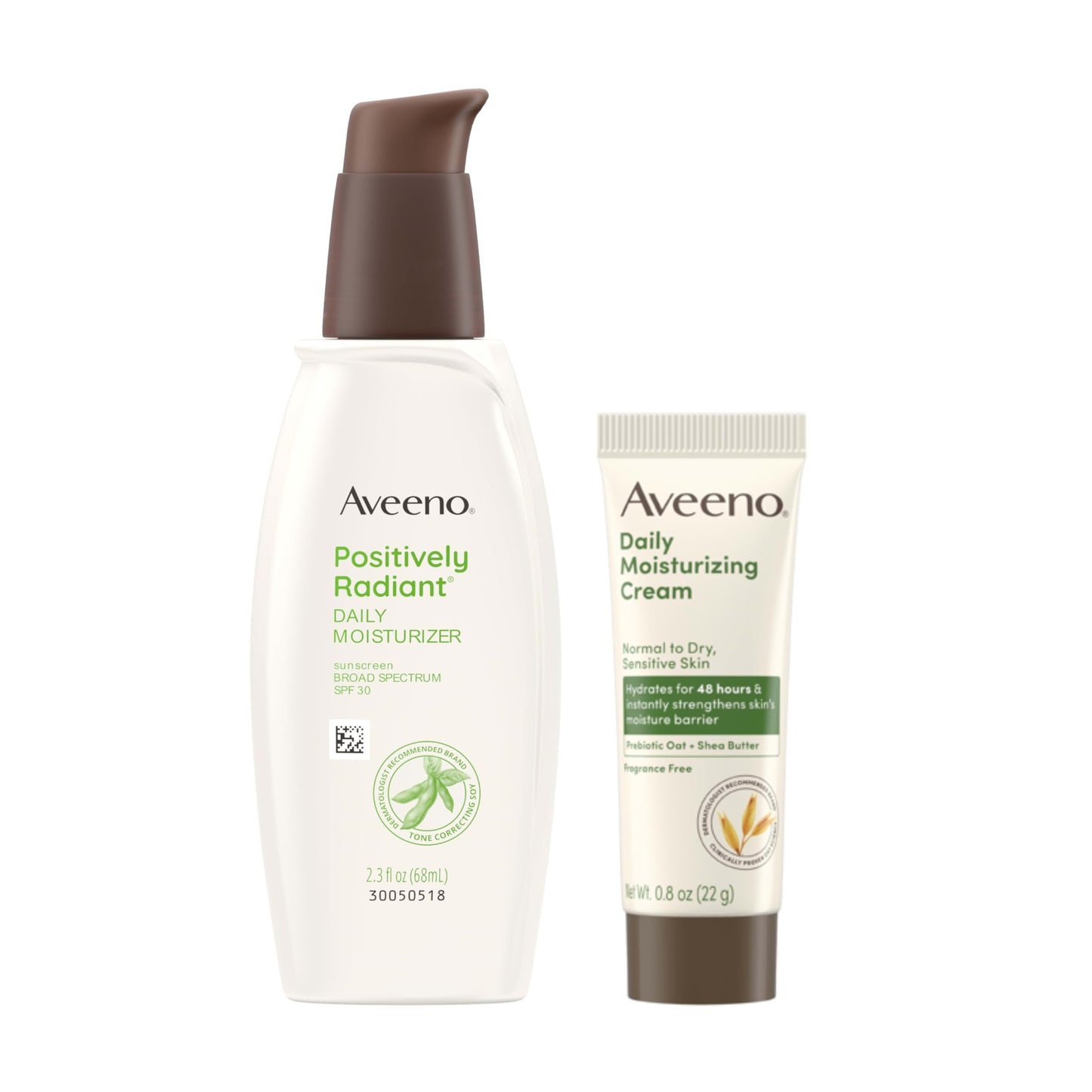 Aveeno Skincare Bundle – Positively Radiant SPF 30 Face Moisturizer 2.3 fl. oz + Travel Daily Moisturizing Cream 0.8 oz, 2-Pack