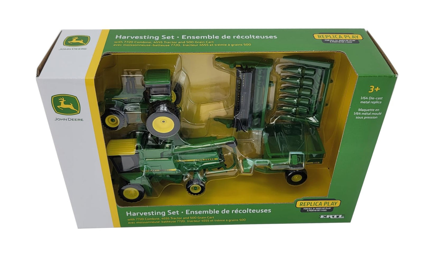 John Deere 1/64 Scale 5 pc Harvesting Set 4555 Tractor, 7720 Combine w/2 Heads, 500 Grain Cart