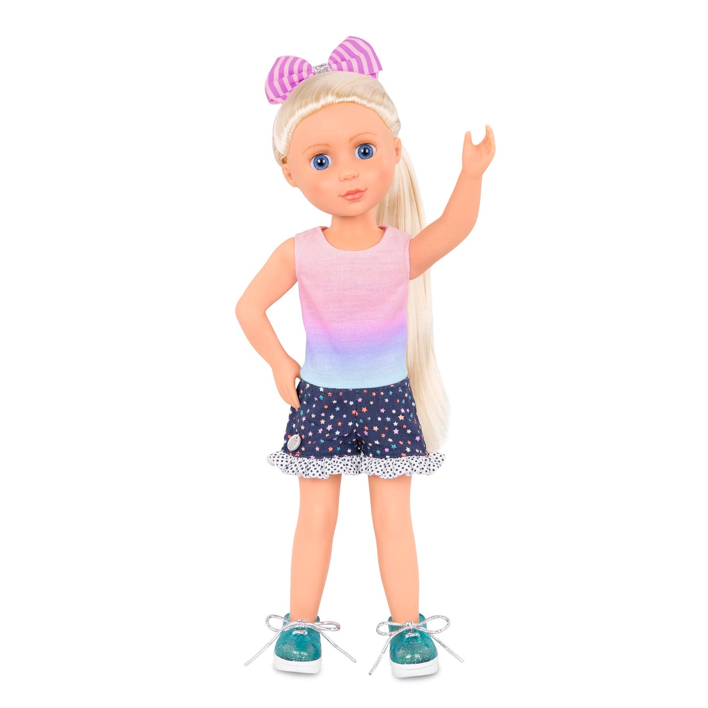 Glitter Girls 14" Doll Clothes 4-Piece Starry Outfit – Colorful Top, Polka Dot Shorts, Glitter Shoes & Hair Bow, 3+ Years