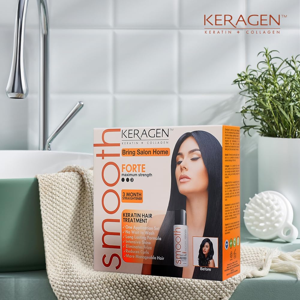 Keragen Brazilian Keratin Hair Smoothing Express Home Blowout Kit – Straightens & Smooths Frizz – Includes 2 Oz Forte Treatment, Clarifying Shampoo & Aftercare Samples