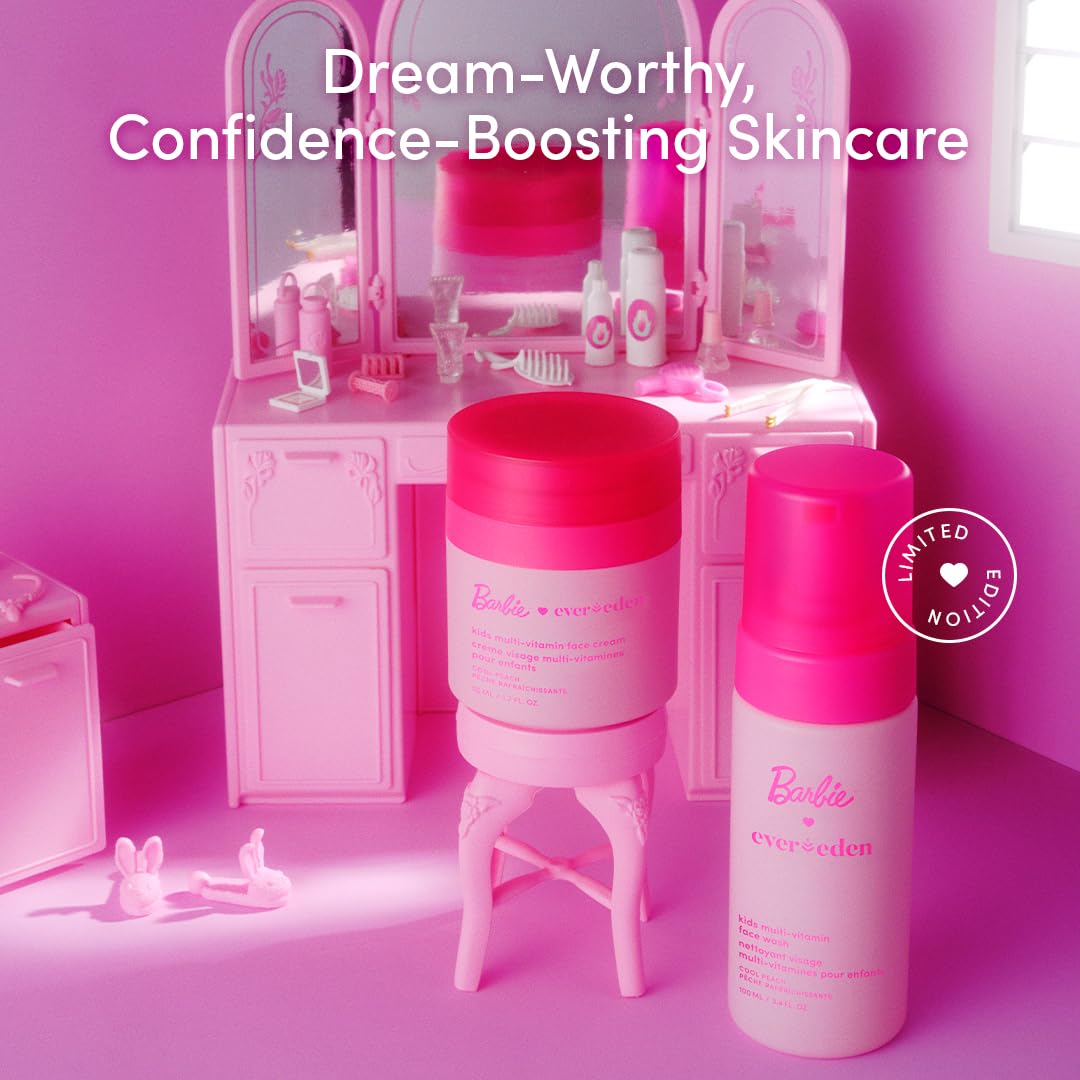 Evereden Barbie Kids Happy Face Duo Set – Multi-Vitamin Face Wash & Cream with Stickers & Bracelets, Vegan Skincare 3+