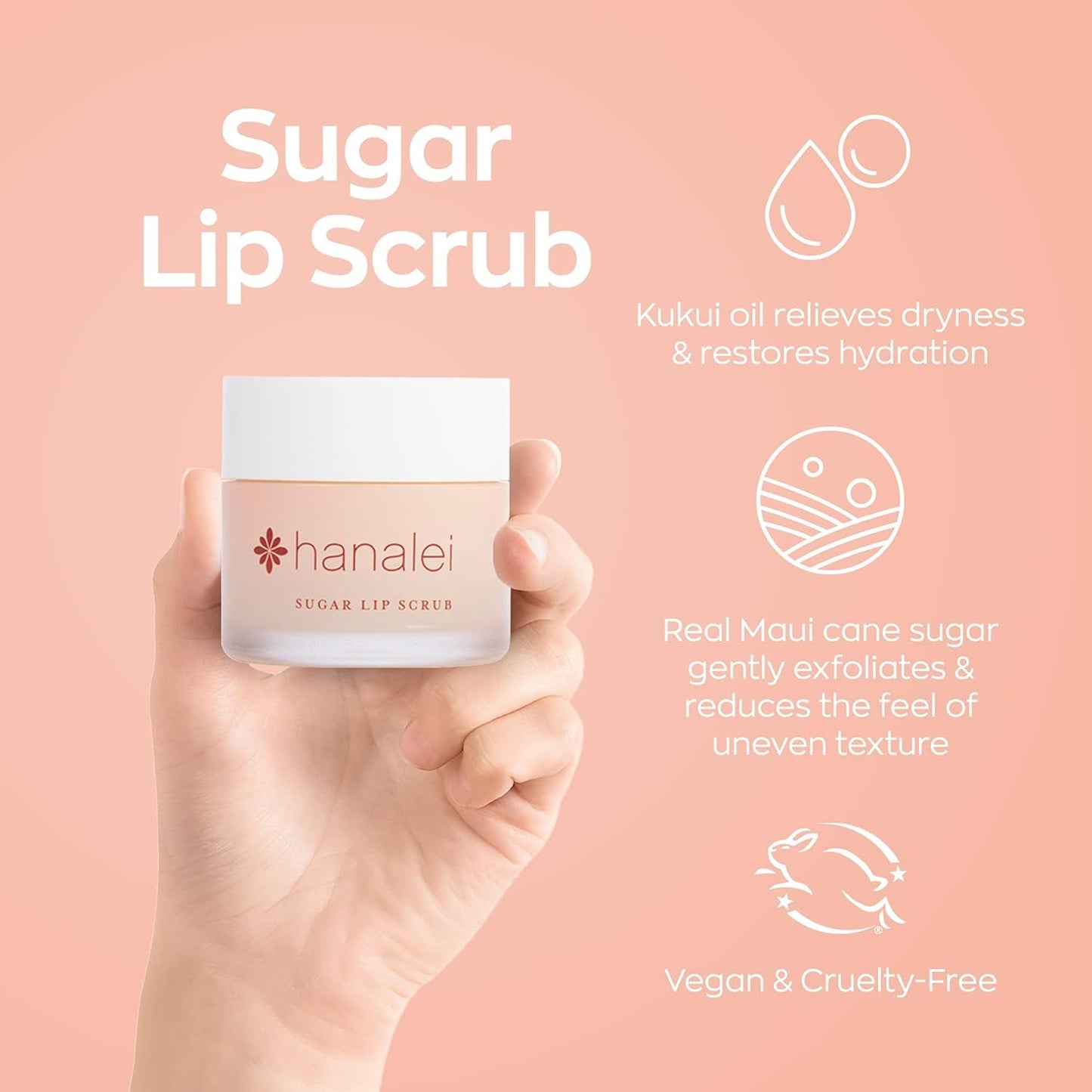 Hanalei Vegan Sugar Lip Scrub, 22g – Hawaiian Cane Sugar, Kukui Oil & Shea Butter, Natural, Cruelty-Free, Smooths & Hydrates Lips