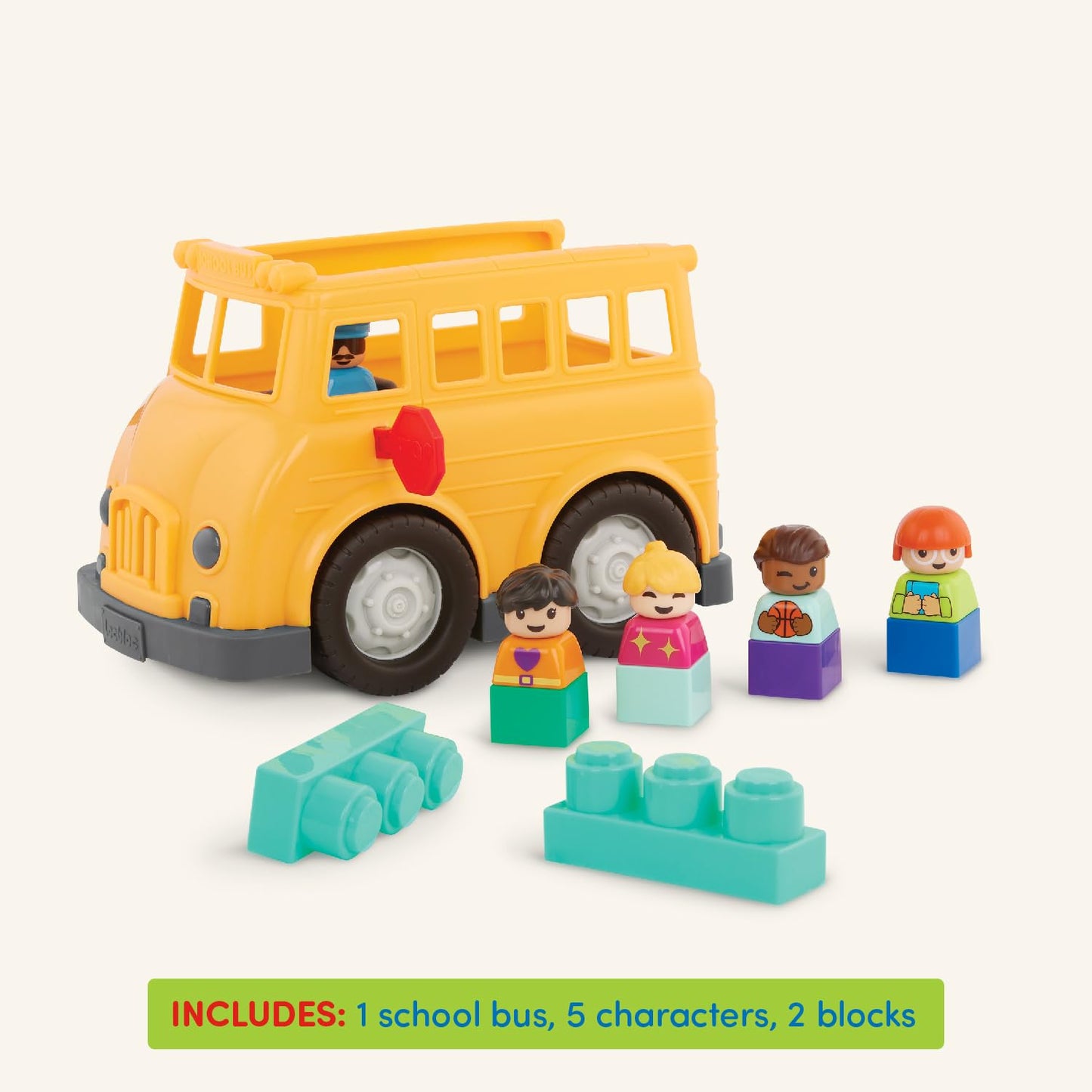 Battat – School Bus – 8 Pieces Construction Set – 5 Figures & 2 Blocks – Build – On Vehicle – 12+ Months – Locbloc® School Bus