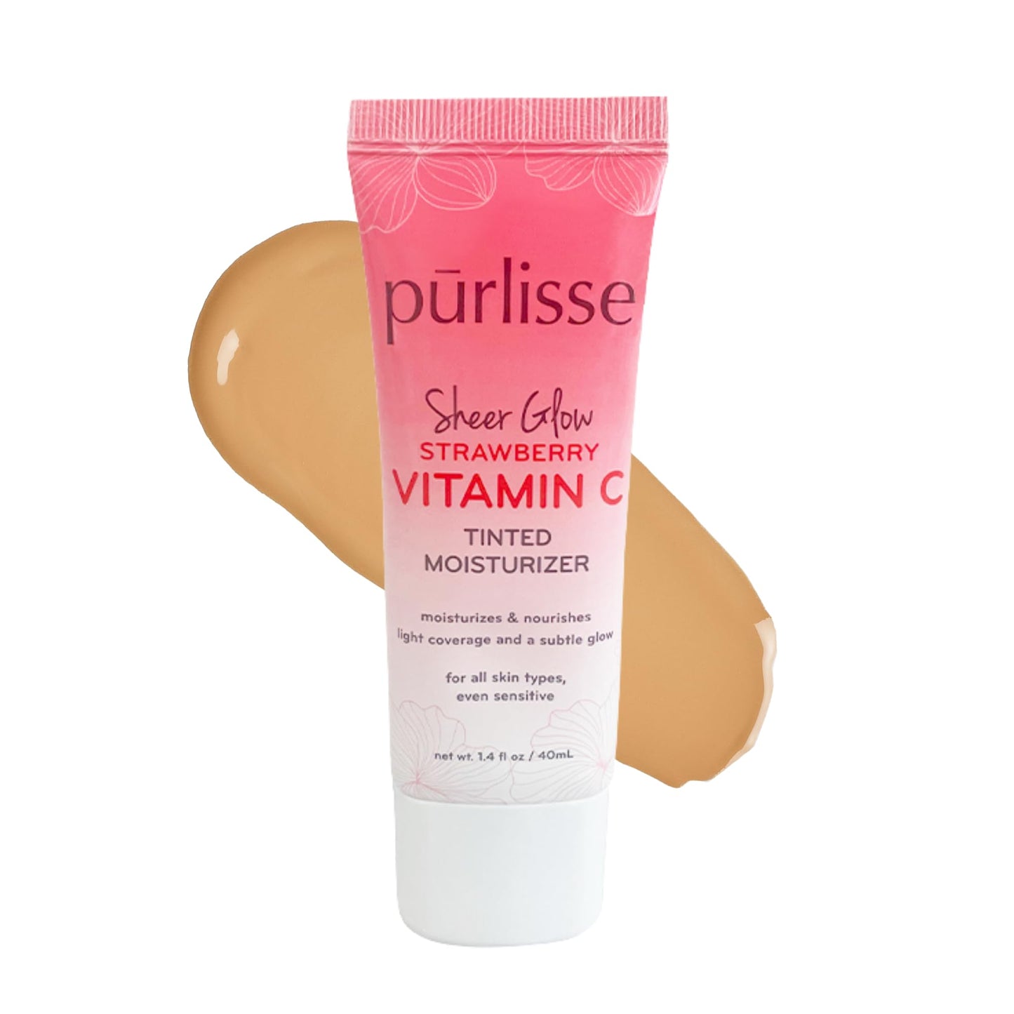 pürlisse Sheer Glow Strawberry Vitamin C Tinted Moisturizer - Dewy Skin Tint with Antioxidants for Even Complexion & Light Coverage - Medium Tan, 1.4 oz