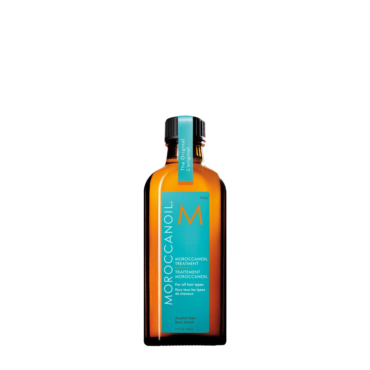 Moroccanoil hair treatment bottle on a white background