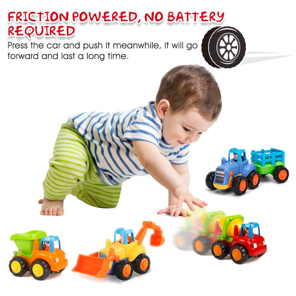 Friction Powered Cars Push & Go Construction Vehicle Toy Set with Tractor, Bulldozer, Dump Truck & Cement Mixer for Toddlers & Boys Gifts