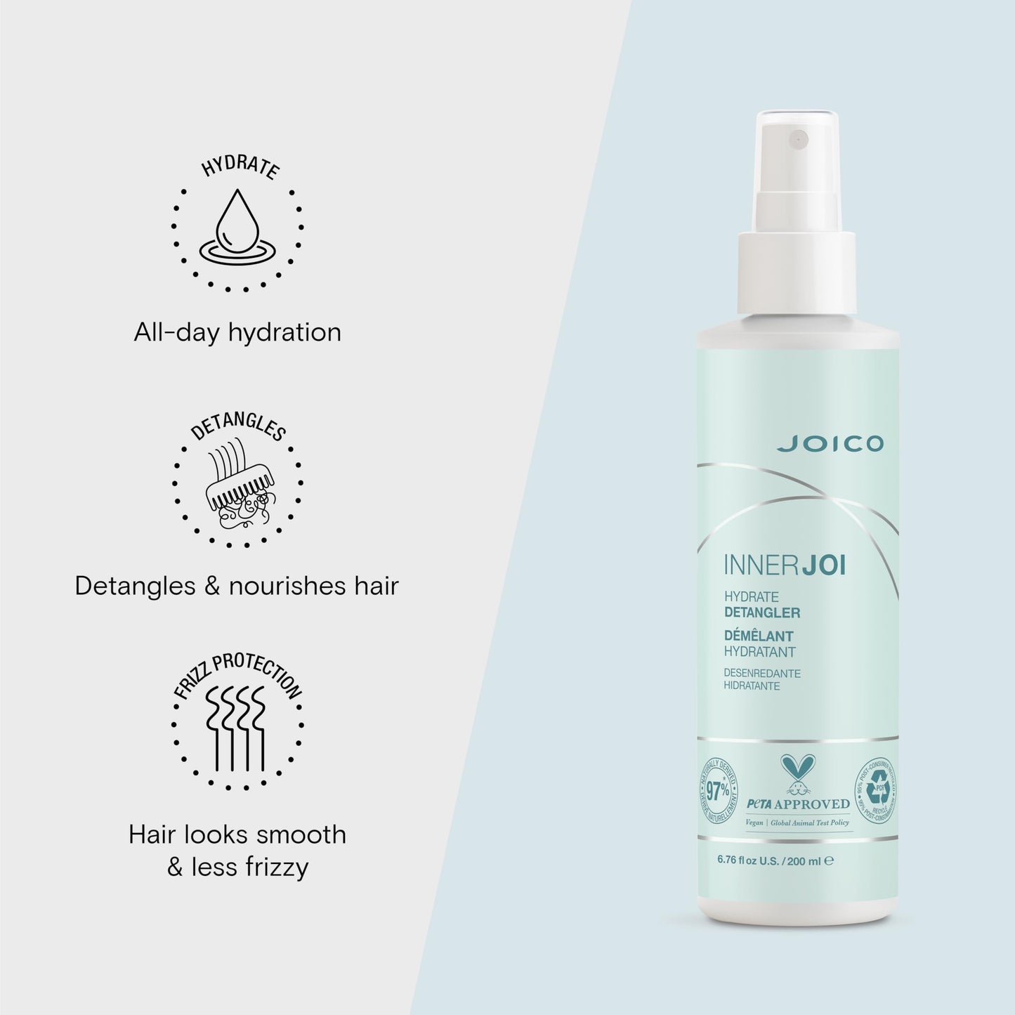 Joico InnerJoi Hydrate Detangler | For Dry Tangled Hair | Sulfate & Paraben Free | Naturally-Derived Vegan Formula | 6.7 oz