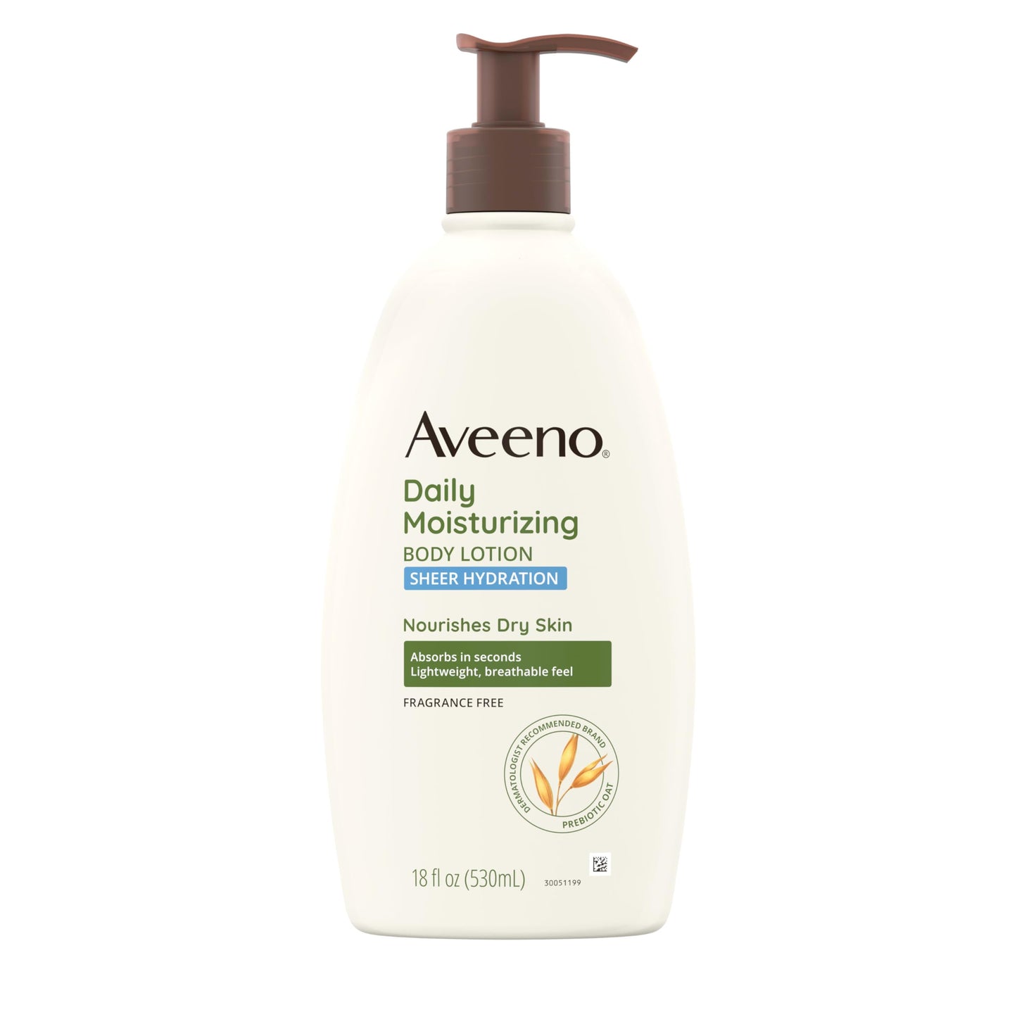 Aveeno Sheer Hydration Daily Lotion, Fragrance-Free, Prebiotic Oat Moisturizer, Fast-Absorbing, Lightweight Body Lotion for Dry Skin, 18 fl oz